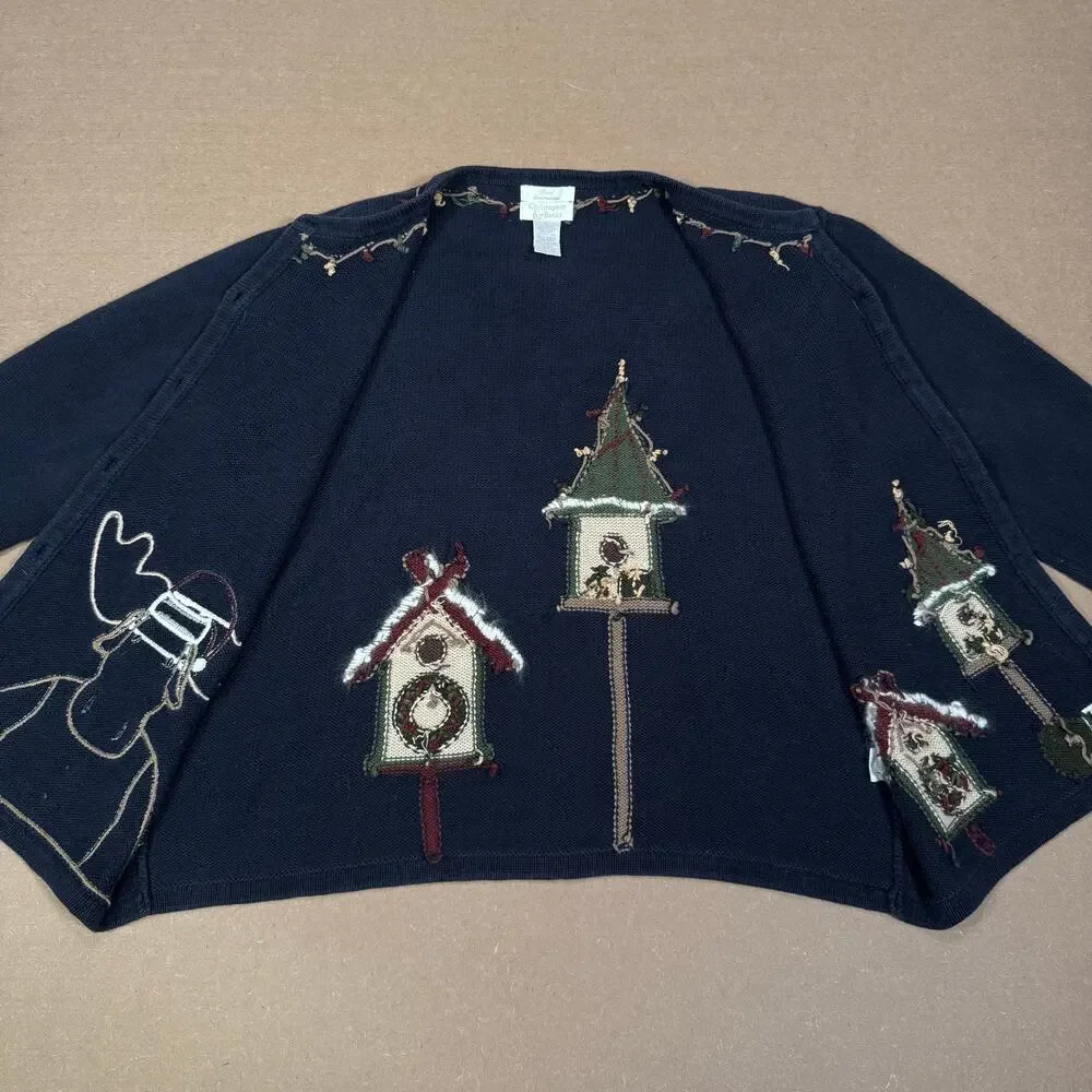Holiday Moose Cardigan Sweater With Birdhouses And Lights Embroidery Womens L